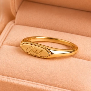 Dainty Bitch Engraved Ring, Personalized 14k Solid Gold Signet Ring,  Birthday Gift For Friend