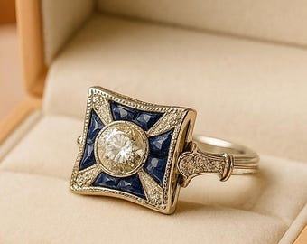 Old European Diamond Victorian Ring, Antique Edwardian Sapphire Art Deco Ring
