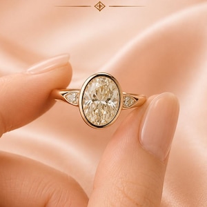 Elegant Oval Cut Diamond Ring, Solitaire Bezel Set Gold Ring, Three Stone Moissanite Ring For Women