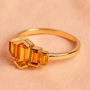 Hexagon Cut Citrine Wedding Ring with Baguette Side Stones, November Birthstone Ring