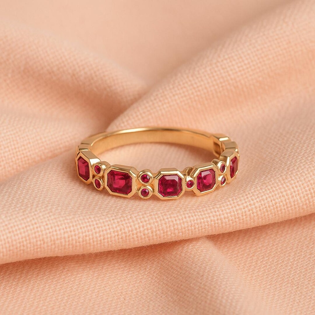 Princess Cut Ruby Band, 14K Solid Gold Bezel Setting Half Eternity ...
