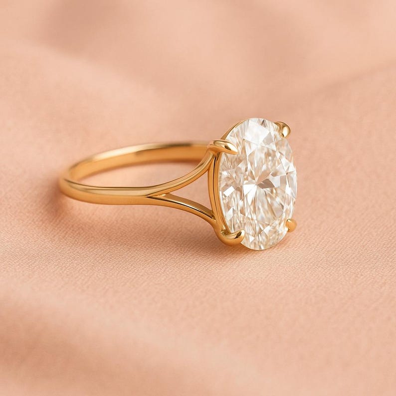 14K Gold Split Shank Oval Cut Moissanite Engagement Ring, Solitaire ...