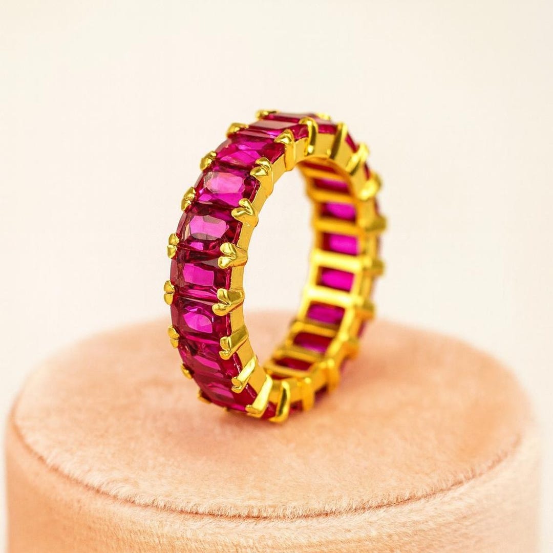 14K Gold Ruby Eternity Band Ring: Emerald Cut Gemstone Jewelry, Dainty ...