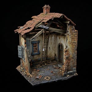 May include: A miniature, weathered diorama of a dilapidated building. The roof is partially collapsed, revealing wooden beams and a ladder. The brickwork is crumbling, and a small bell hangs inside. The color palette includes browns, reds, and grays.
