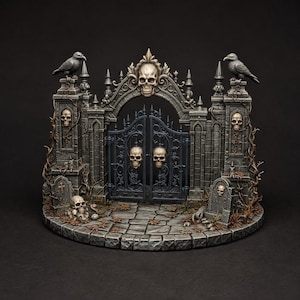 Op de afbeelding: Een miniatuur kerkhofpoort-diorama met een stenen boog met een centrale schedel, twee donkere metalen hekken met schedelaccenten, stenen pilaren met raven, en verspreide schedels en grafstenen op een geplaveide basis met klimplanten.