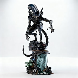 May include: A detailed figurine of an Alien creature, posed atop a futuristic base with a transparent, cracked container. The Xenomorph is black and blue, with a long head and menacing claws. The base has a metallic appearance.
