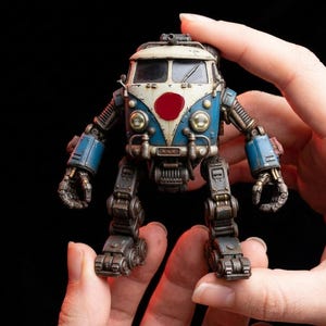 Könnte beinhalten: Ein detailliertes, miniaturisiertes Roboter-Spielzeug in Form eines blauen und weißen Oldtimer-Vans mit einem roten Kreissymbol. Der Roboter hat bewegliche Arme und Beine mit einem verwitterten, metallischen Finish. Das Spielzeug wird in einer Hand vor dunklem Hintergrund gehalten.