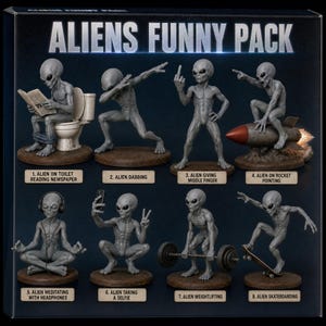 Puede incluir: Un conjunto de ocho figuras alienígenas grises titulado ALIENS FUNNY PACK. Las figuras representan alienígenas en varias poses: leyendo en un inodoro, haciendo un dab, gesticulando, montando un cohete, meditando con auriculares, tomándose un selfie, levantando pesas y andando en monopatín.