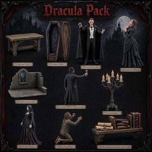 Puede incluir: El Dracula Pack incluye diez artículos: una mesa de madera, un ataúd abierto, una figura del Conde Drácula, una mujer angustiada, un set de interior de castillo, un cazador de vampiros con crucifijo, un candelabro, una novia vampiro, un hombre arrodillado y una estantería con libros y pergaminos.