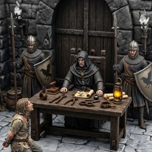 Pode incluir: Um diorama com uma figura encapuzada sentada numa mesa de madeira com ferramentas de metal, pergaminhos e uma lanterna. Dois guardas de cota de malha com escudos de corvos estão atrás, enquanto uma figura acorrentada se ajoelha no chão.