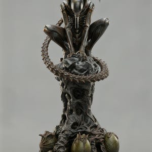Puede incluir: Una escultura detallada de una criatura Alien, agachada sobre una base texturizada con tres huevos alienígenas. La figura es de color metálico oscuro, con una cabeza larga y un cuerpo segmentado. La base es de color marrón oscuro.