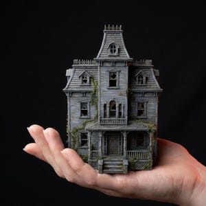 Può includere: Una casa in miniatura in stile vittoriano grigio con tetto a mansarda, un portico anteriore con ringhiere e diverse finestre con vetri rotti. La struttura è decorata con dettagli simili a viti verdi che si arrampicano sul rivestimento.
