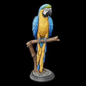 Puede incluir: Una figura de loro guacamayo azul y amarillo posada sobre una rama de árbol marrón texturizada. El ave presenta una cara blanca con marcas negras, un pico gris oscuro y plumas de cola largas. Se apoya sobre una base circular de piedra.