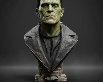 May include: A bust of Frankenstein's monster, with a green complexion, black hair, and stitched scars. He wears a black coat and a dark grey sweater. The base is inscribed with "Frankenstein."