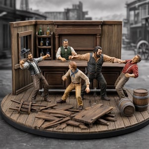 Puede incluir: Un diorama detallado con cinco figuras en miniatura en un salón del oeste. Un camarero está detrás de una barra de madera, mientras cuatro figuras se pelean sobre un suelo de madera lleno de tablones rotos y dos pequeños barriles de madera.