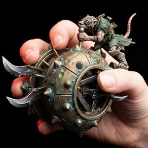 Peut inclure: Miniature détaillée d'une machine de guerre à pointes de couleur bronze avec des lames, tenue dans une main. Une figurine ressemblant à un rat en armure est perchée au sommet de la sphère, tenant une arme. La miniature a un aspect vieilli et usé, avec des détails complexes.