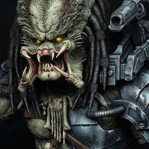 May include: Detailed bust of a Predator alien, featuring a textured, reptilian head with glowing yellow eyes and sharp teeth. The figure has dreadlocks, a bio-mask, and armored shoulder pieces. The overall color scheme is a mix of greens, grays, and blacks.