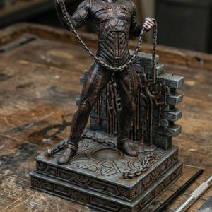 Puede incluir: Figura detallada de un personaje con rostro pálido y rasgos expuestos, sosteniendo un gancho y cadenas. La figura se alza sobre una base detallada con cadenas y un diseño de pared de ladrillos. La paleta de colores es principalmente marrón y gris.