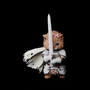 May include: A brown fluffy cat figurine wearing silver plate armor and a white cape with a tattered hem. The cat holds a long silver sword upright with both paws and has a small pink bow attached to the top of its head against a black background.