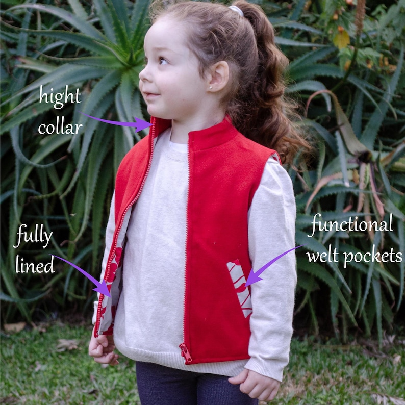 Gilet simple pour garçons et filles 1 à 10 ans Patron PDF et instructions couture facile, entièrement doublé, fermeture éclair, poches passepoilées image 2