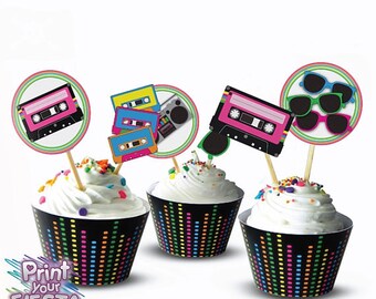 80's Retro Party Kit van Print Your Fiesta, bewerkbare digitale party set, kaarten, wrappers, favor tags, toppers