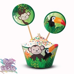 Jungle Party Cupcake Kit par Fiesta votre impression numérique fête ensemble emballages, hauts de forme de cercle, singe, tucan, serpent, grenouille, lézard image 2