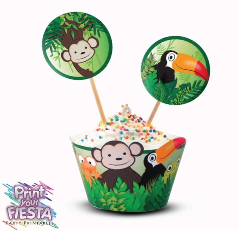 Jungle Party Cupcake Kit par Fiesta votre impression numérique fête ensemble emballages, hauts de forme de cercle, singe, tucan, serpent, grenouille, lézard image 2