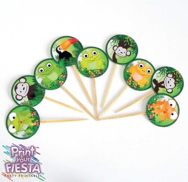 Jungle Party Cupcake Kit par Fiesta votre impression numérique fête ensemble emballages, hauts de forme de cercle, singe, tucan, serpent, grenouille, lézard image 4