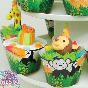 Jungle Party Cupcake Kit par Fiesta votre impression numérique fête ensemble emballages, hauts de forme de cercle, singe, tucan, serpent, grenouille, lézard image 1