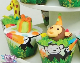 Jungle Party Cupcake Kit par Fiesta votre impression numérique fête ensemble - emballages, hauts de forme de cercle, singe, tucan, serpent, grenouille, lézard