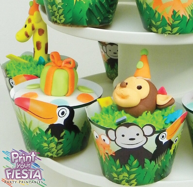Jungle Party Cupcake Kit par Fiesta votre impression numérique fête ensemble emballages, hauts de forme de cercle, singe, tucan, serpent, grenouille, lézard image 1