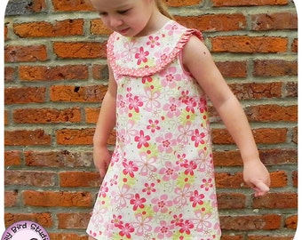 Bia's A line dress PDF sewign pattern for beginner to intermediate sewers, rounded yoke w/pleats, closes w/packet and buttons, 1 to 8 yrs