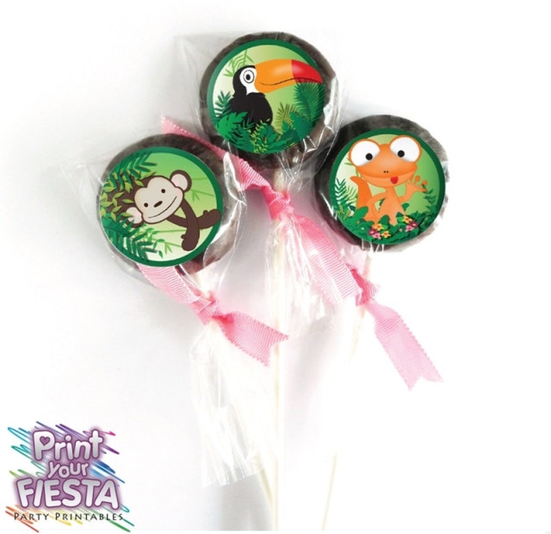 Jungle Party Cupcake Kit par Fiesta votre impression numérique fête ensemble emballages, hauts de forme de cercle, singe, tucan, serpent, grenouille, lézard image 3