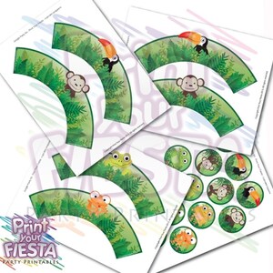 Jungle Party Cupcake Kit par Fiesta votre impression numérique fête ensemble emballages, hauts de forme de cercle, singe, tucan, serpent, grenouille, lézard image 5