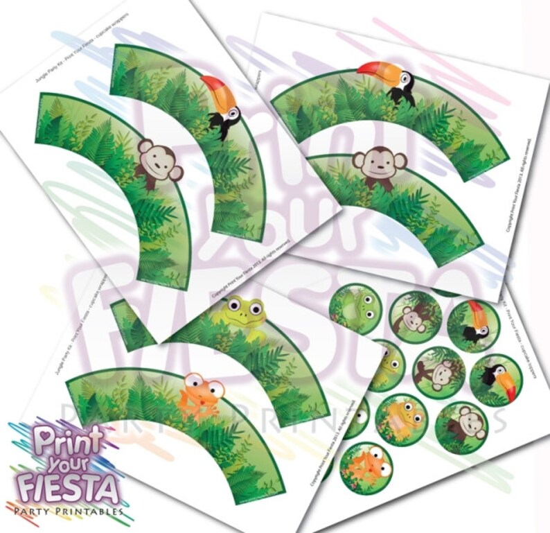 Jungle Party Cupcake Kit par Fiesta votre impression numérique fête ensemble emballages, hauts de forme de cercle, singe, tucan, serpent, grenouille, lézard image 5