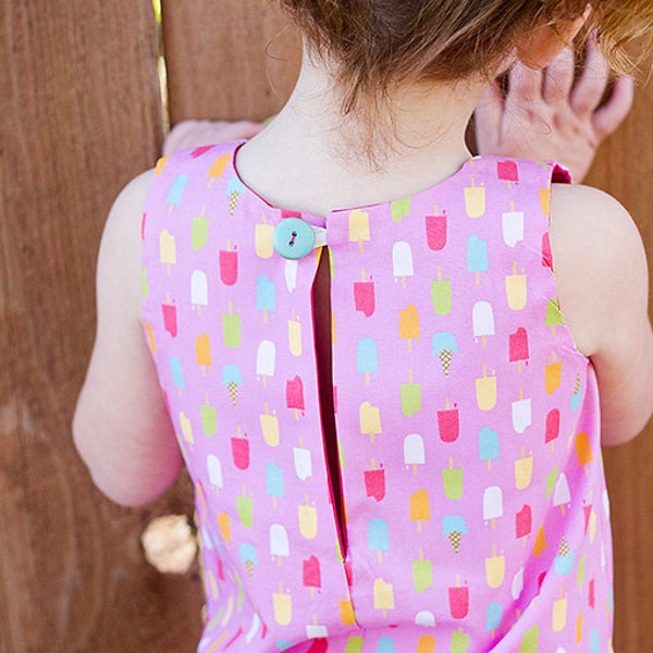 A Line dress - simple, easy sew, lined bodice, button and button loop, pockets - size range 1 to 10 years - PDF Pattern and Instructions