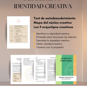 Puede incluir: Un cuaderno de trabajo titulado "Descubre tu identidad creativa" con el texto "Neurodiseño y creatividad aplicada". La portada presenta un fondo claro con texto y gráficos. El cuaderno de trabajo tiene 39 páginas e incluye un test de autodescubrimiento y arquetipos creativos.