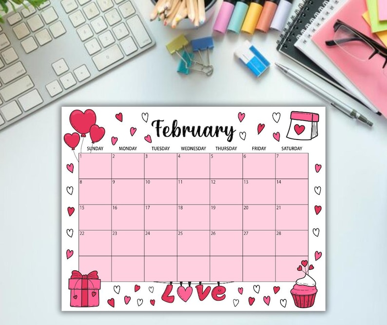 February 2026 Digital Calendar, Valentine’s Day February Calendar ...