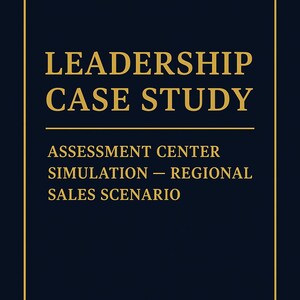 Op de afbeelding: Een marineblauwe afbeelding met gouden tekst die luidt: "LEADERSHIP CASE STUDY" boven de tekst "ASSESSMENT CENTER SIMULATION - REGIONAL SALES SCENARIO". De tekst is ingesloten in een gouden rand.
