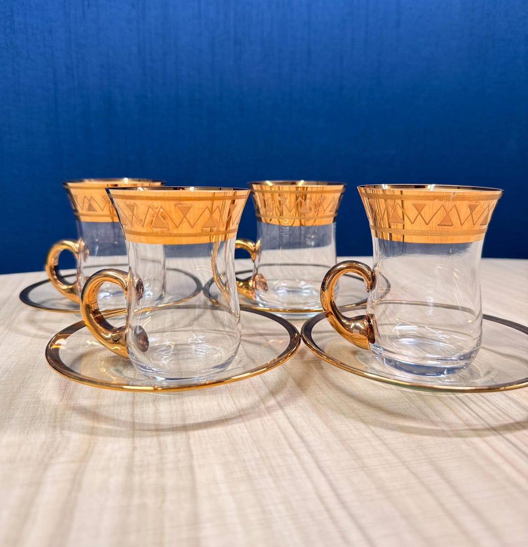 Vintage Turkish Style Tea Glasses | Set of 4 Gold Rim Cups & Saucers ...