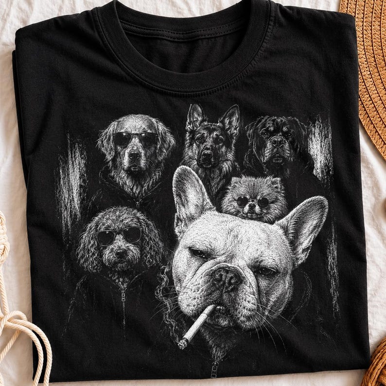 May include: A black t-shirt featuring a detailed white graphic print of six dogs. The dogs are depicted in a realistic style, with some wearing sunglasses and one French Bulldog in the foreground holding a cigarette in its mouth.