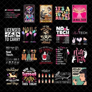 May include: A collage of nail art-related designs and text on a black backdrop. The images feature phrases such as "Nail Tech," "Licensed to Carry," and "I can fix your nails." Various nail polish bottles and hand illustrations are also present.