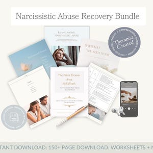 May include: A collection of digital resources for narcissistic abuse recovery. The bundle includes guides, courses, and worksheets. The image features several books, a smartphone with earbuds, and a pen. The text includes "Narcissistic Abuse Recovery Bundle" and "Therapist Created".