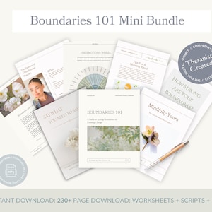Puede incluir: Un conjunto digital titulado "Boundaries 101 Mini Bundle" con varias guías y hojas de trabajo. El conjunto incluye folletos con títulos como "Say What You Need to Say" y "Mindfully Yours". También se ven un bolígrafo y una flor.