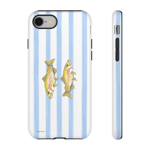 May include: A white phone case with a light blue striped pattern. Two yellow and brown fish illustrations are centered on the case. The case is shown from the front and side.
