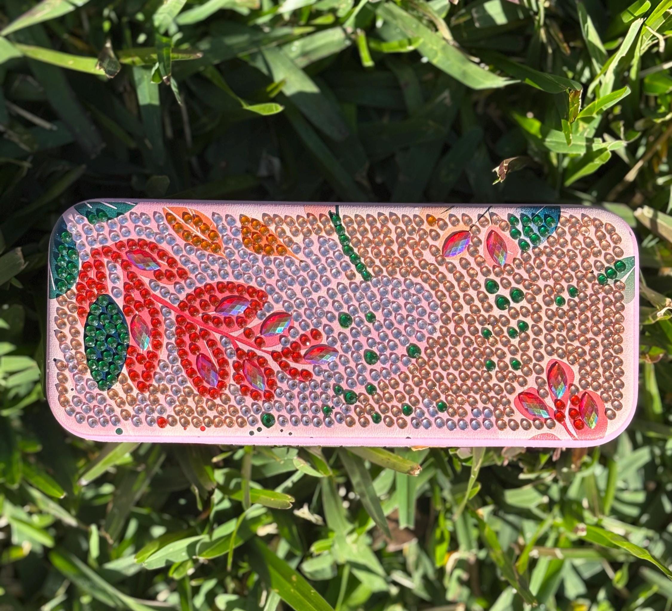 Pink and Orange Rhinestone Glasses Case - faux leather, hard shell