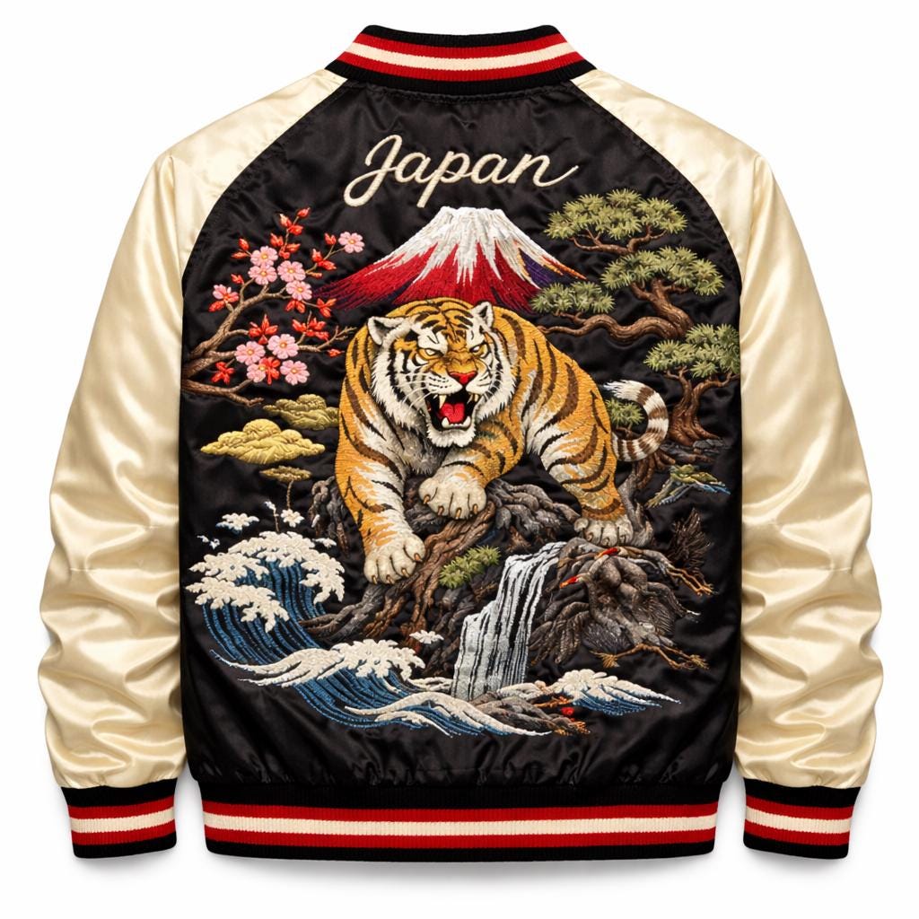 SeeSew スカジャン CREAM TIGER SOUVENIR JACKET Mens Japanese Pattern Embroidery Dragon Tiger Sukajan Souvenir