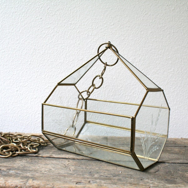 vintage vivarium hanger / 70s brass & glass planter