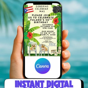 Könnte beinhalten: Eine digitale Einladung zum 50. Geburtstag mit Text auf Spanisch und Englisch. Das Design umfasst eine puerto-ricanische Flagge, tropische Blätter und ein Kamera-Symbol. Sofortiger digitaler Download.