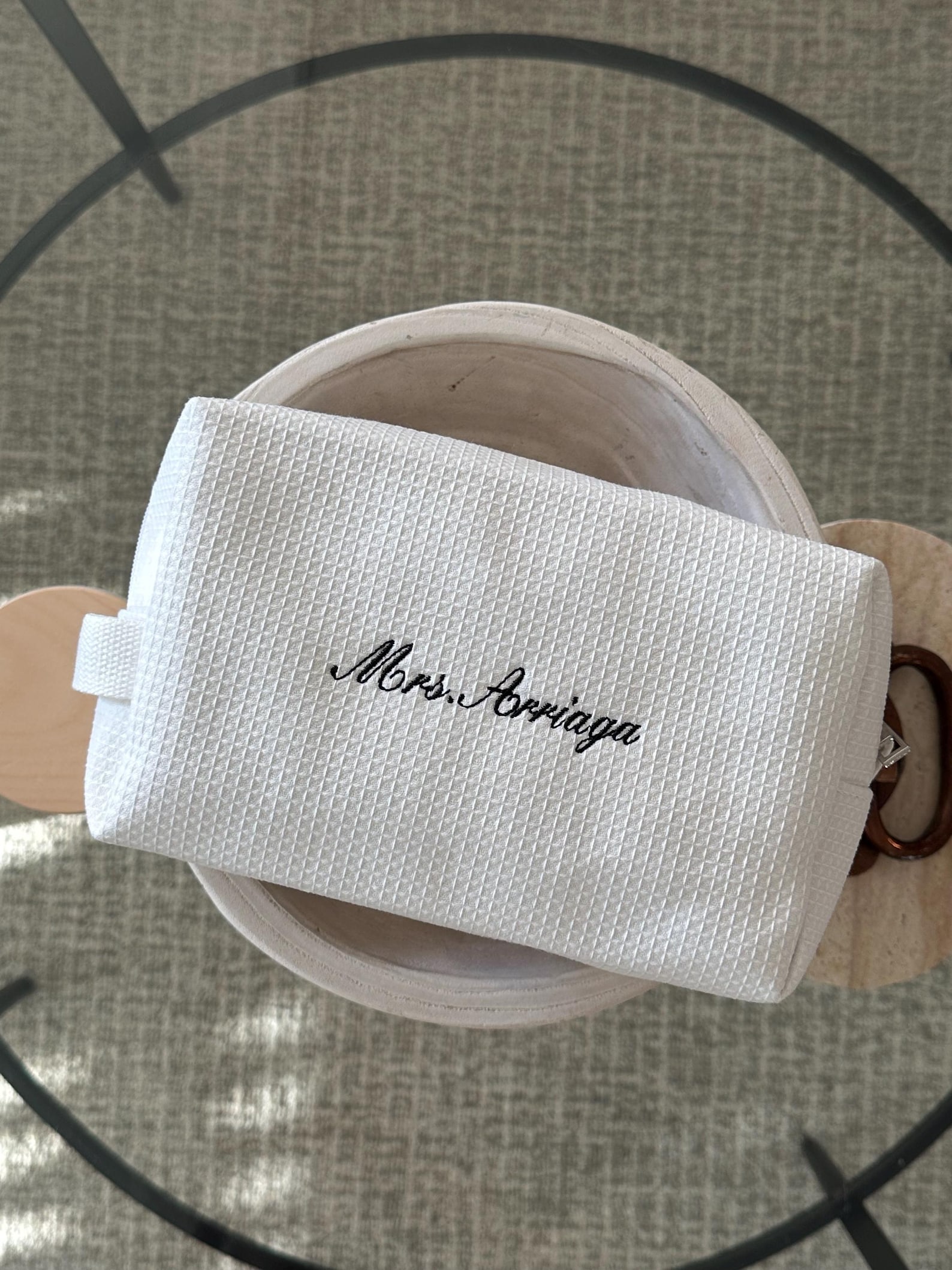 Personalized Waffle Makeup Bag | Custom Embroidered Mrs Last Name | Bridal Gift